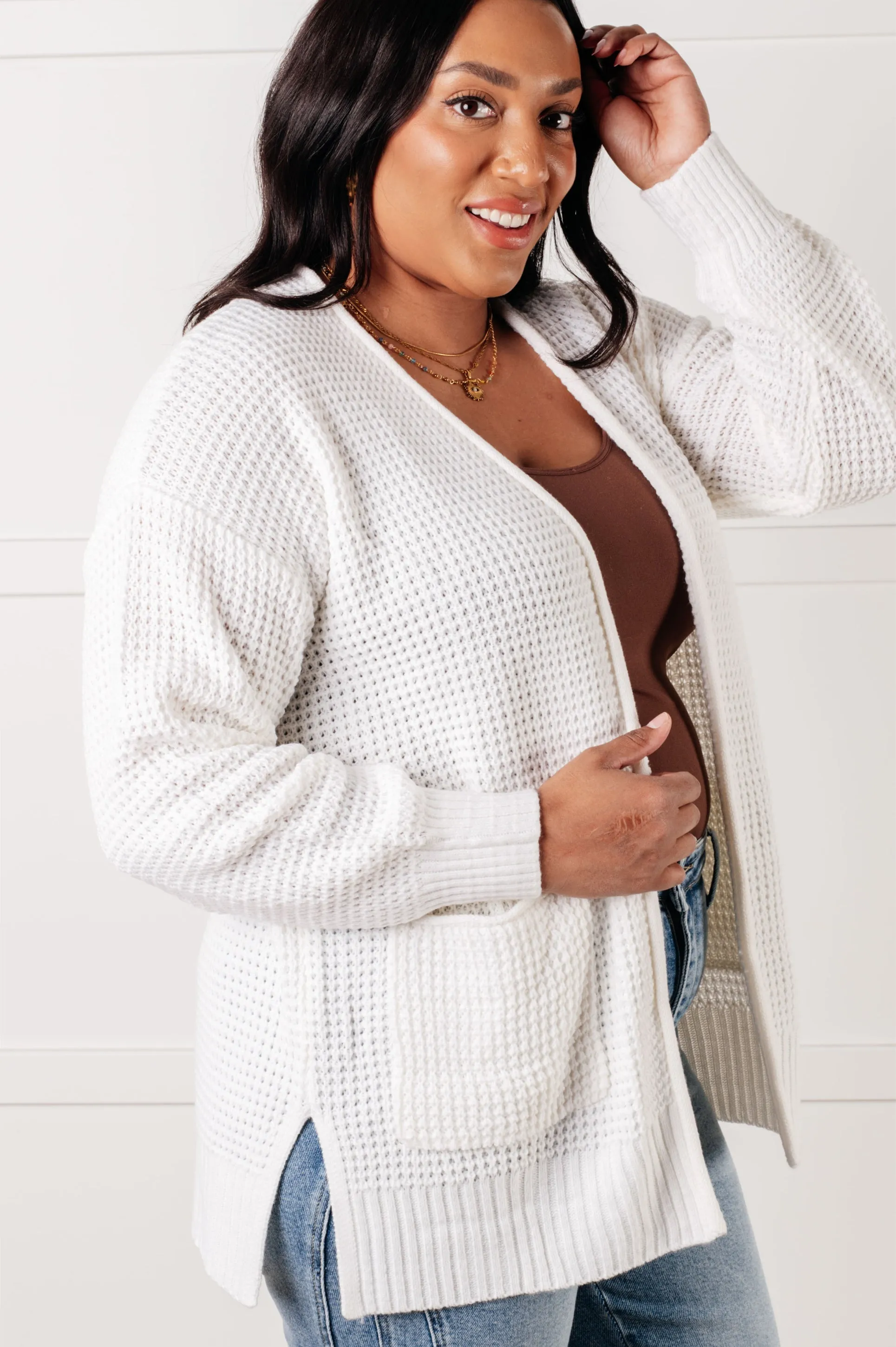 Hazel Blues® |  Everything Layer Waffle Knit Open Front Cardigan in Ivory