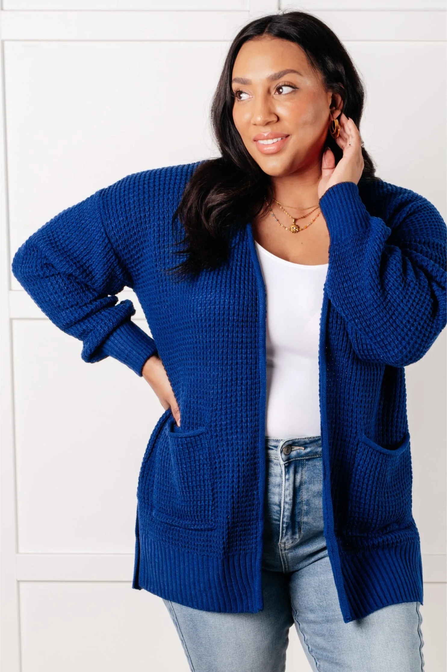 Hazel Blues® |  Everything Layer Waffle Knit Open Front Cardigan in Light Navy