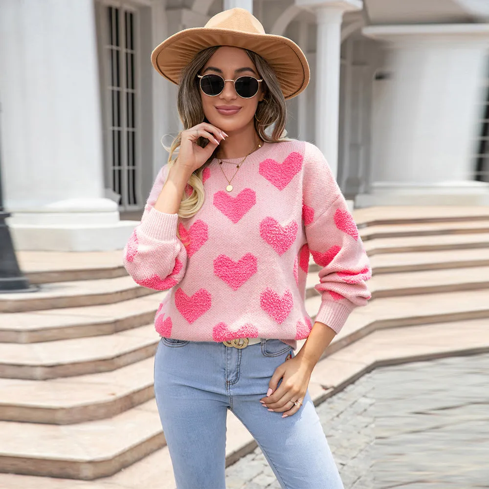 Heart Round Neck Dropped Shoulder Sweater