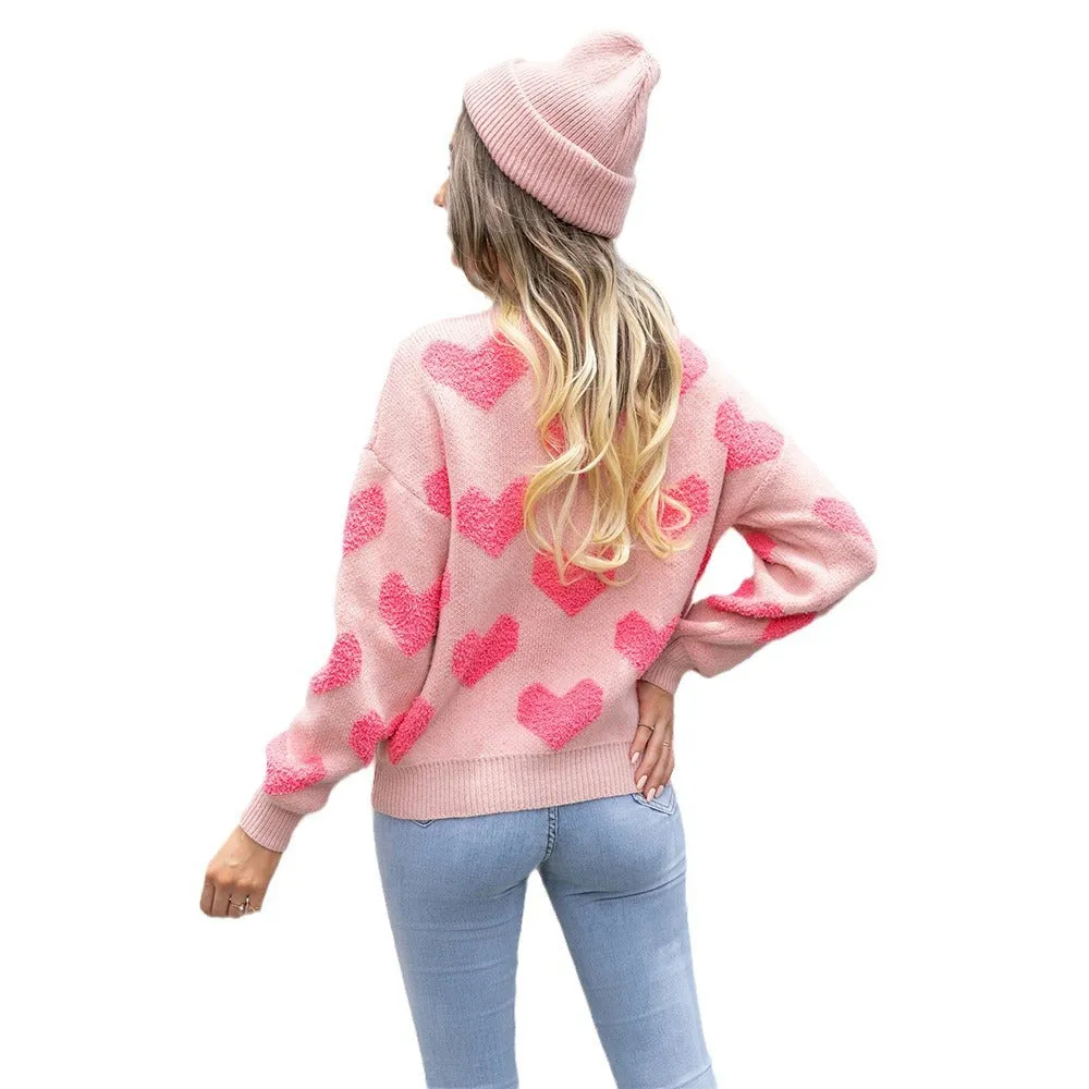 Heart Round Neck Dropped Shoulder Sweater