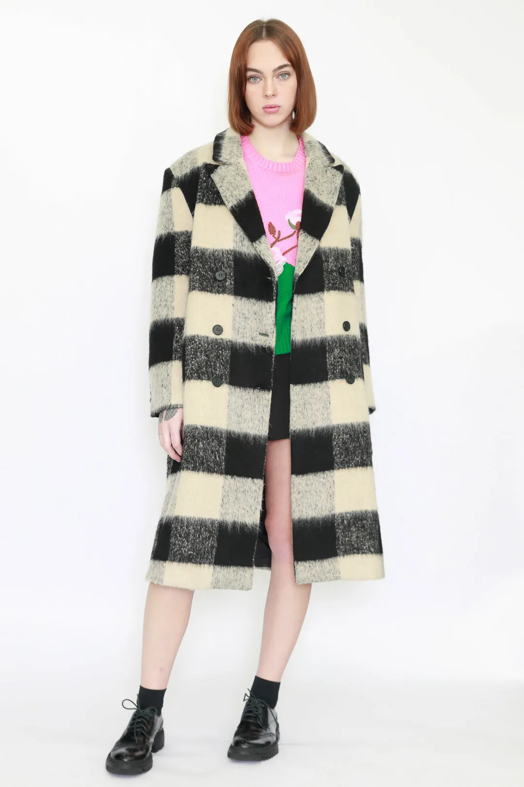 Heavy Wool Black White Plaid Coat