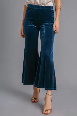 High Rise Elastic Waist Velvet Flare Pants in Peacock Blue