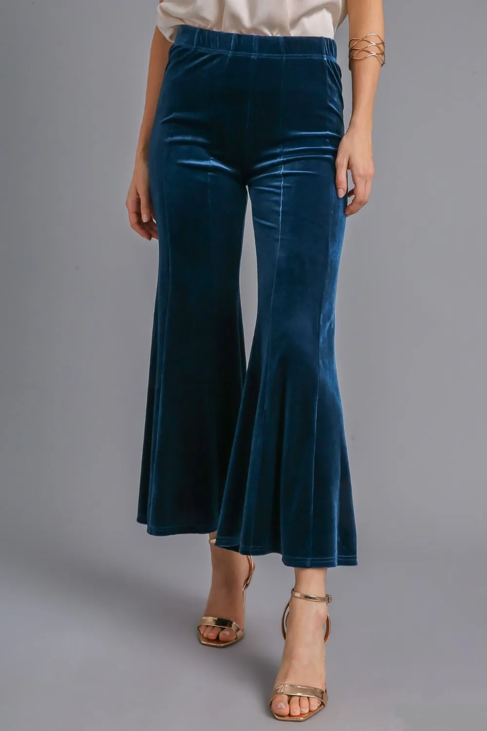 High Rise Elastic Waist Velvet Flare Pants in Peacock Blue