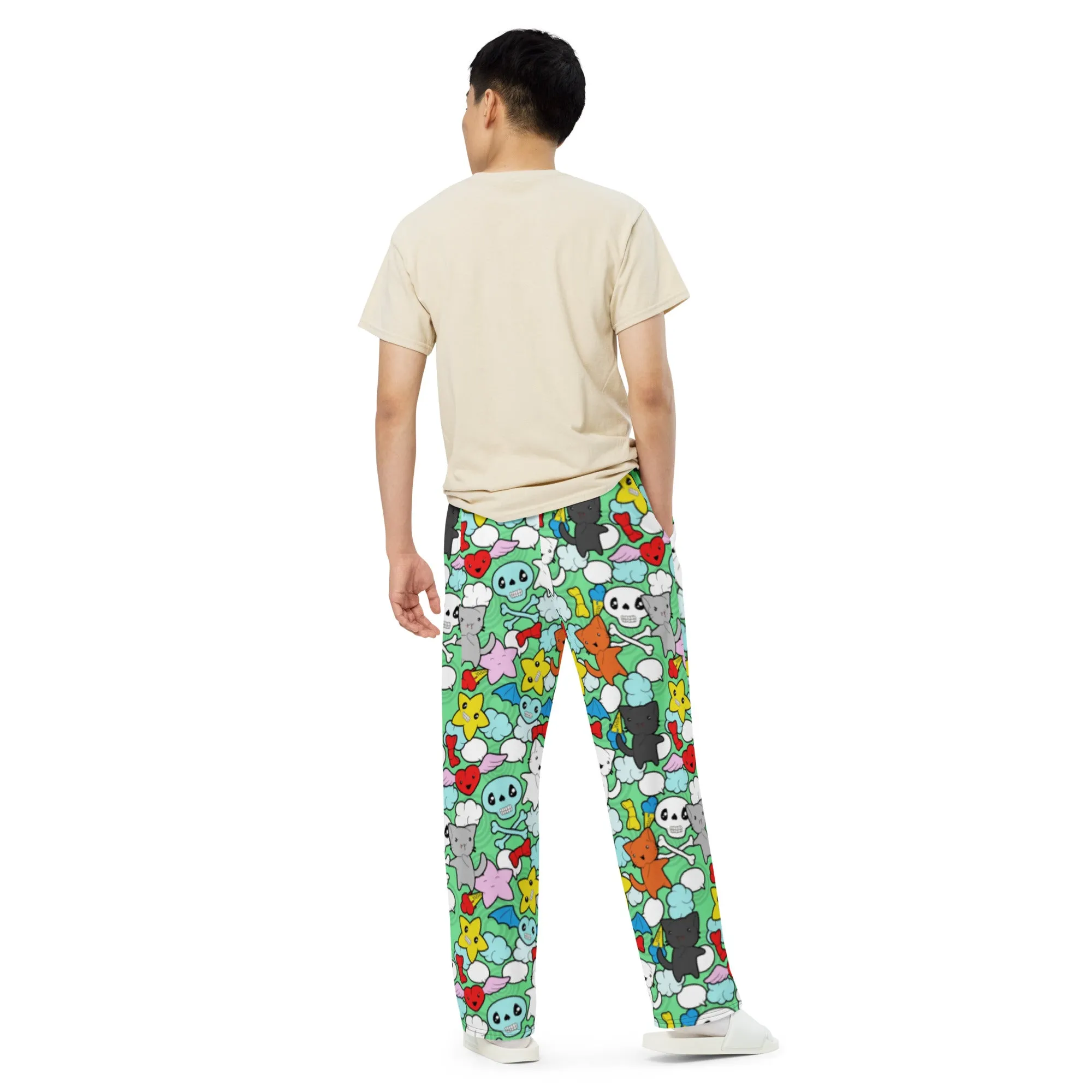 Kawaii Kitties and Skulls Unisex Wide-Leg Pants