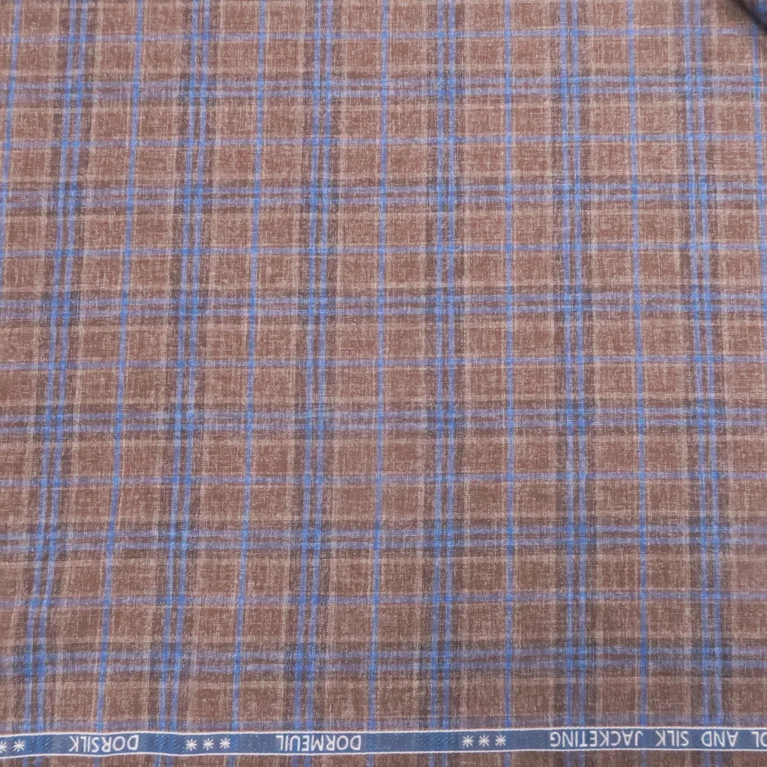 Light Brown and Blue Plaid Windowpane Wool & Silk Dorsilk Dormeuil Fabric