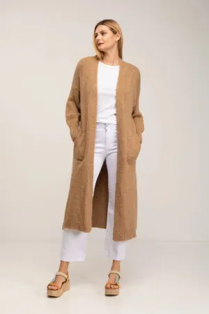 Long Knitted Jacket With Pockets Brown