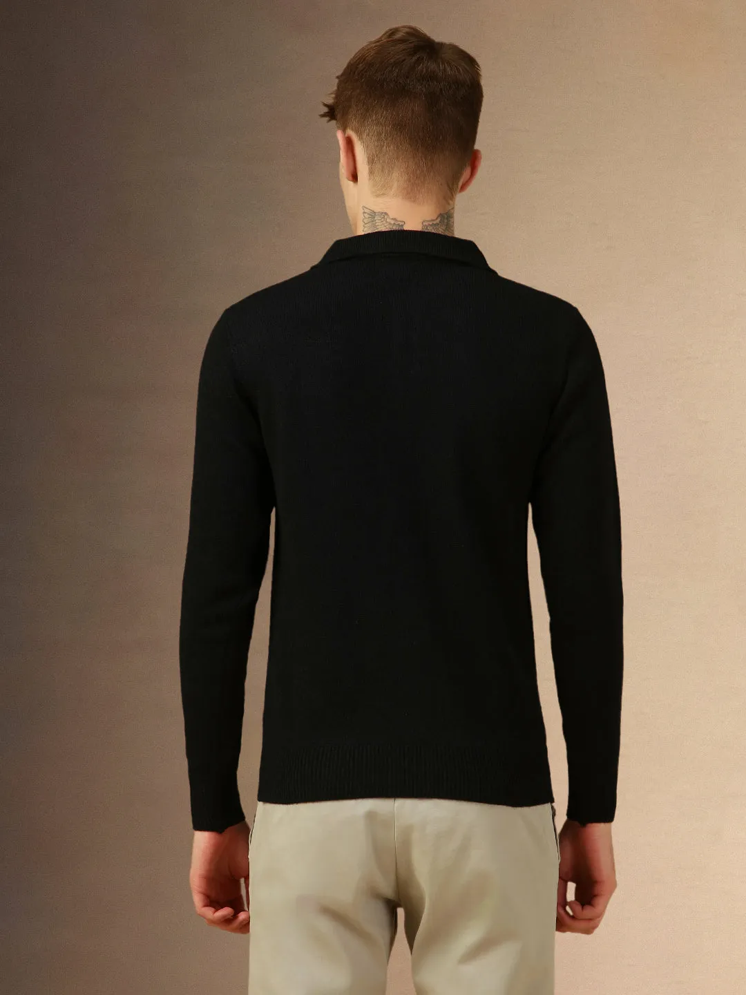 Men's Black Polo Collar Full Sleeves Slim Fit Pullover Sweater