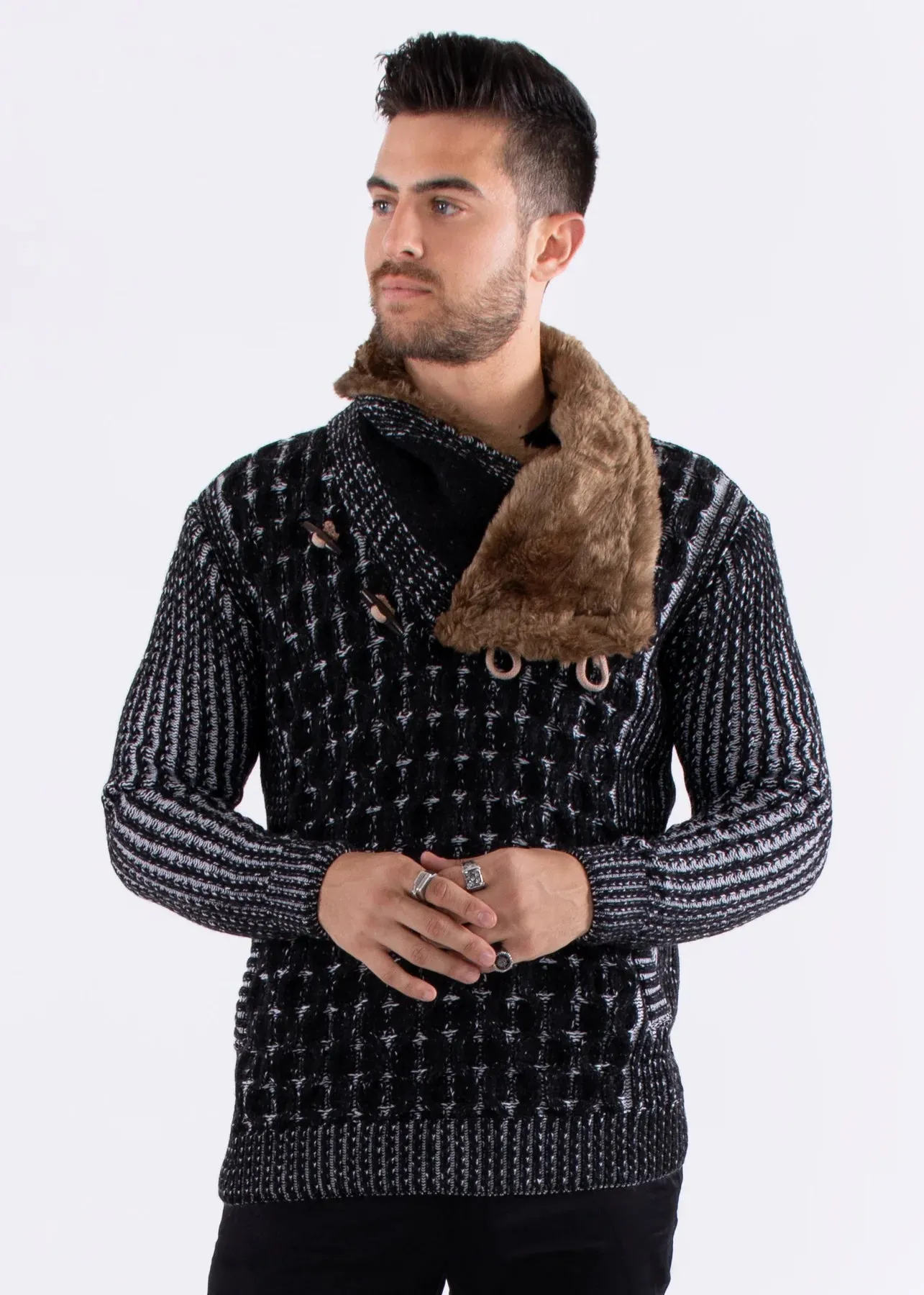 Men's Black Pullover Sweater Fur Collar Fashion Design Style No-235100