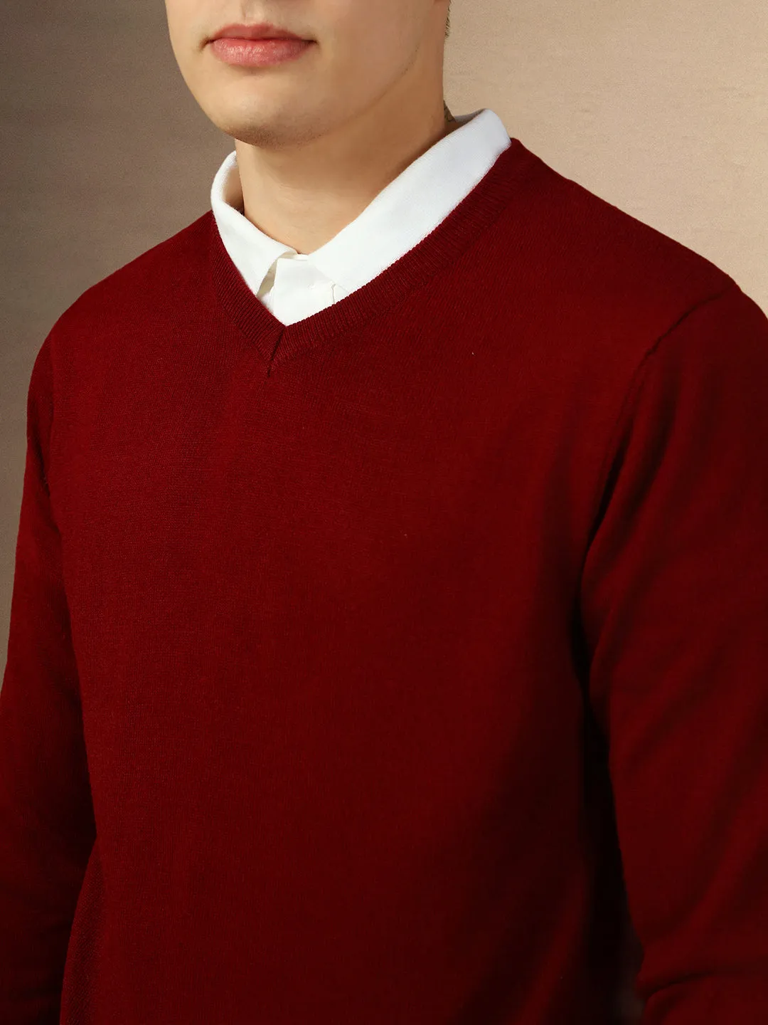 Men's Maroon V-Neck Full Sleeves Slim Fit Pullover Sweater