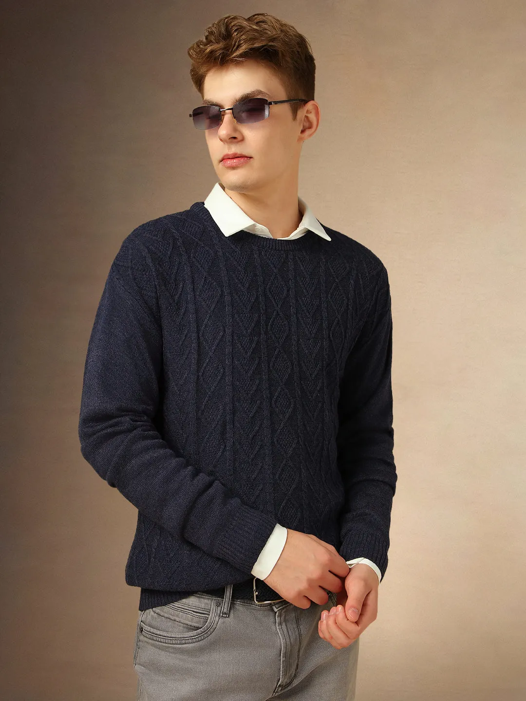 Men's Navy Blue Round Neck Cable Knit Pullover Sweater