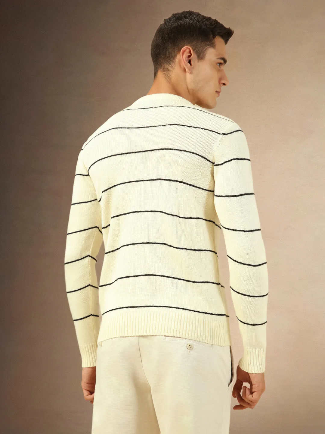 Men's Off White Striped Crew Neck Full Sleeves Sweater