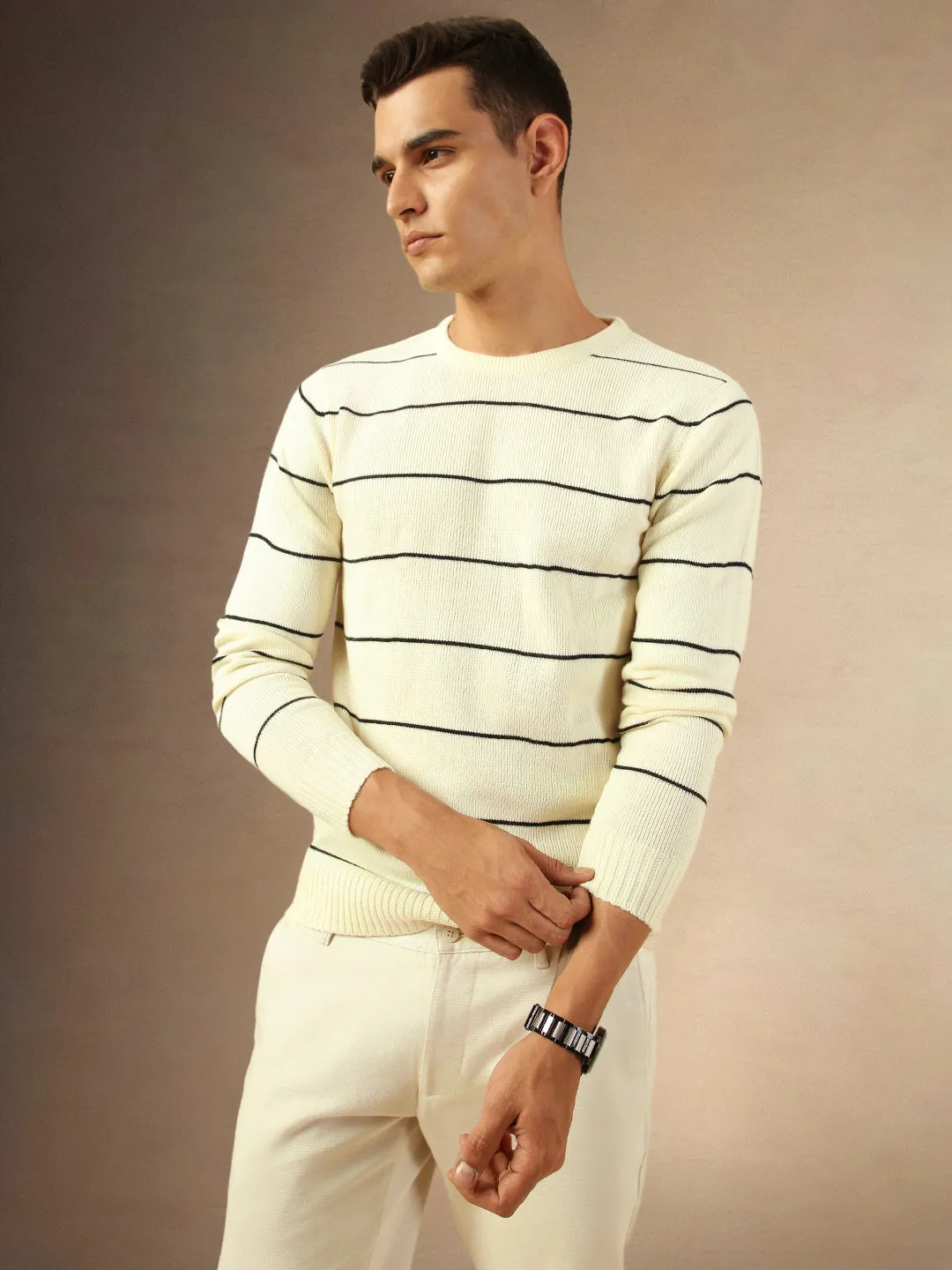 Men's Off White Striped Crew Neck Full Sleeves Sweater