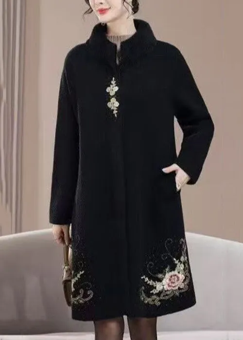 New Black Embroidered Zircon Wool Coats Spring RZ022