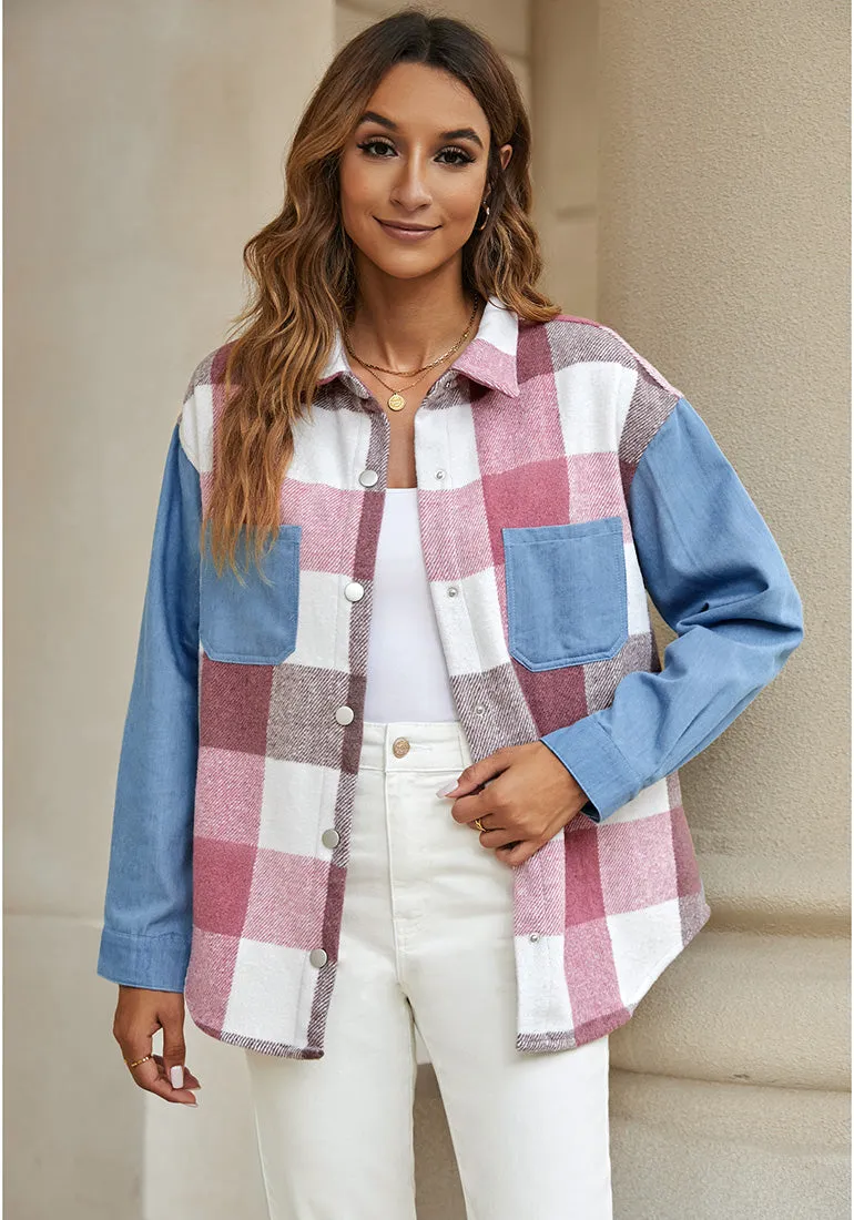 Pink Plaid Women's Brief Button Down Denim Loose Plaid Flannel Shirt Coats Jackets