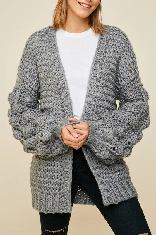 Pom Pom Sleeve Knit Cardigan-Gray