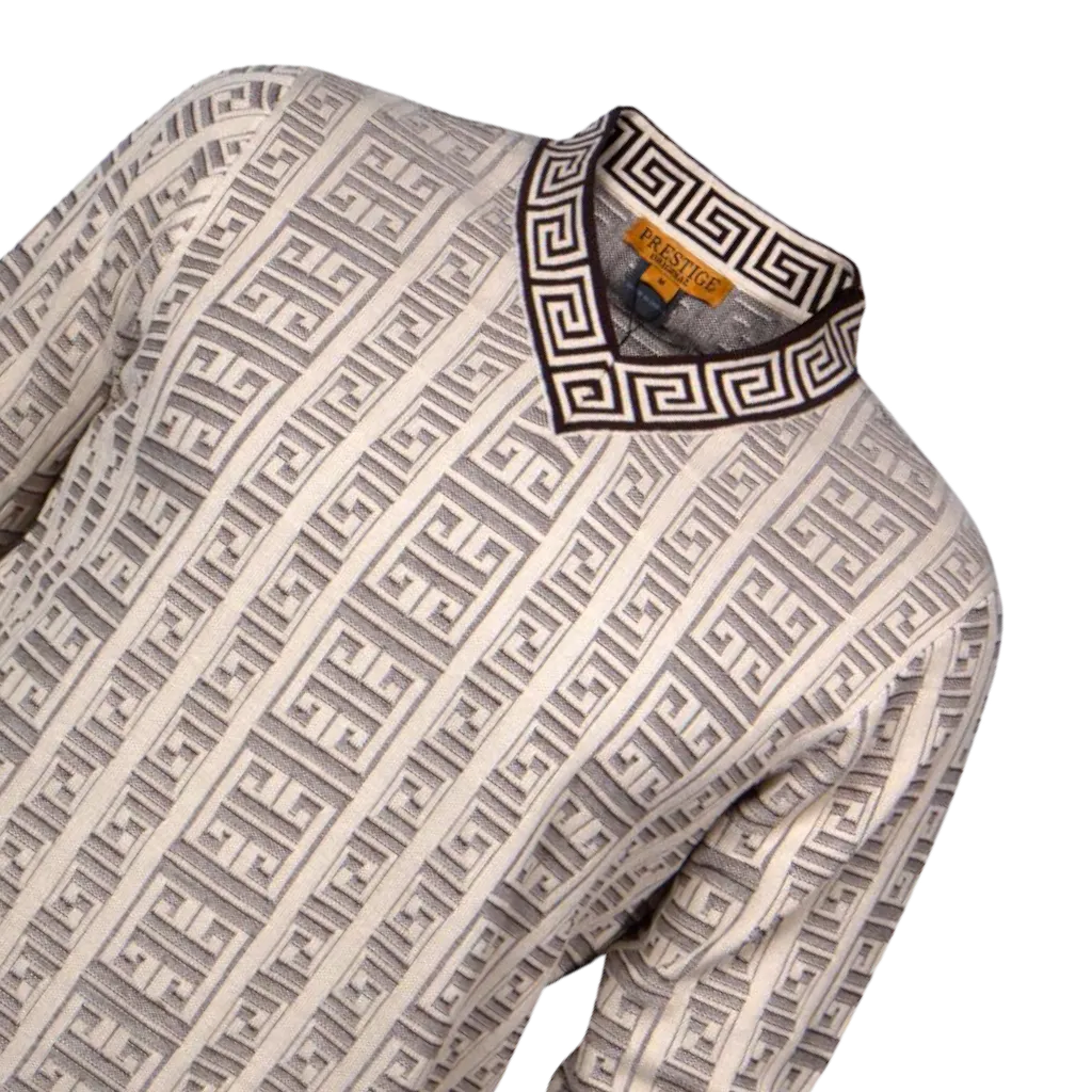 Prestige Brown and Cream V-Neck Greek Key Trim Luxury Men's Sweaters