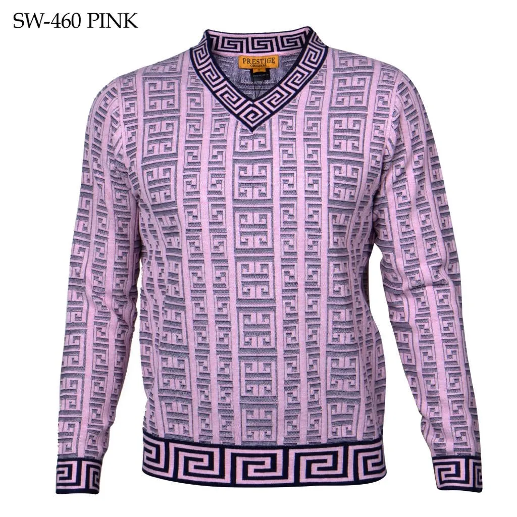 Prestige Pink V-Neck Luxury Men's Sweaters Fashion Design Greek key