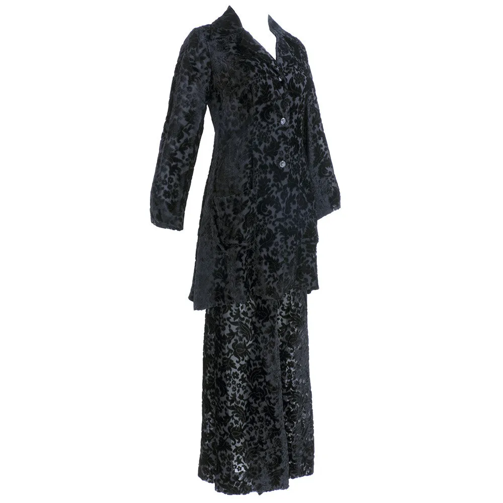 THEA PORTER 70s Black Sheer Cut Velvet  Pantsuit Ensemble