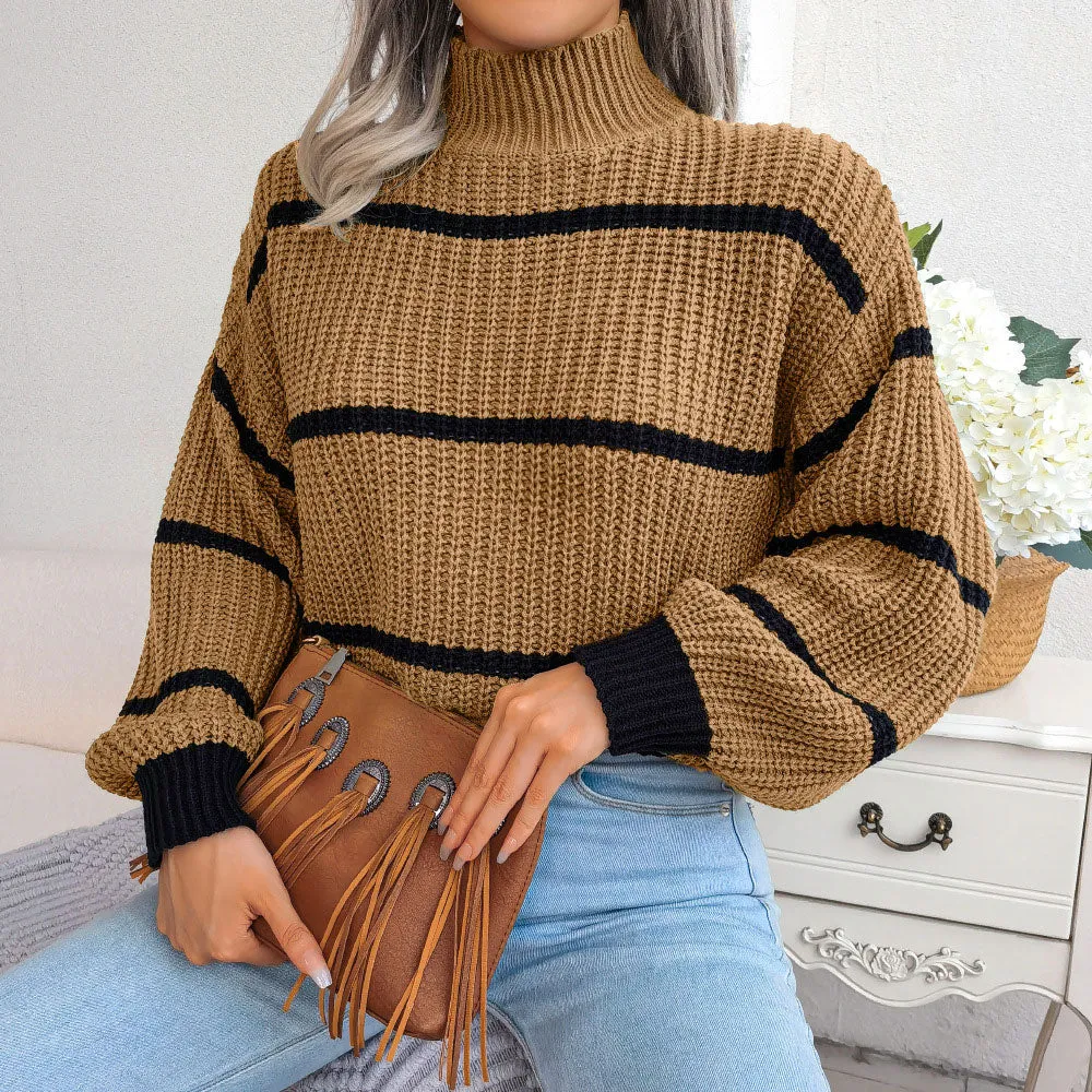 Trendy High Neck Balloon Sleeve Brioche Knit Striped Sweater