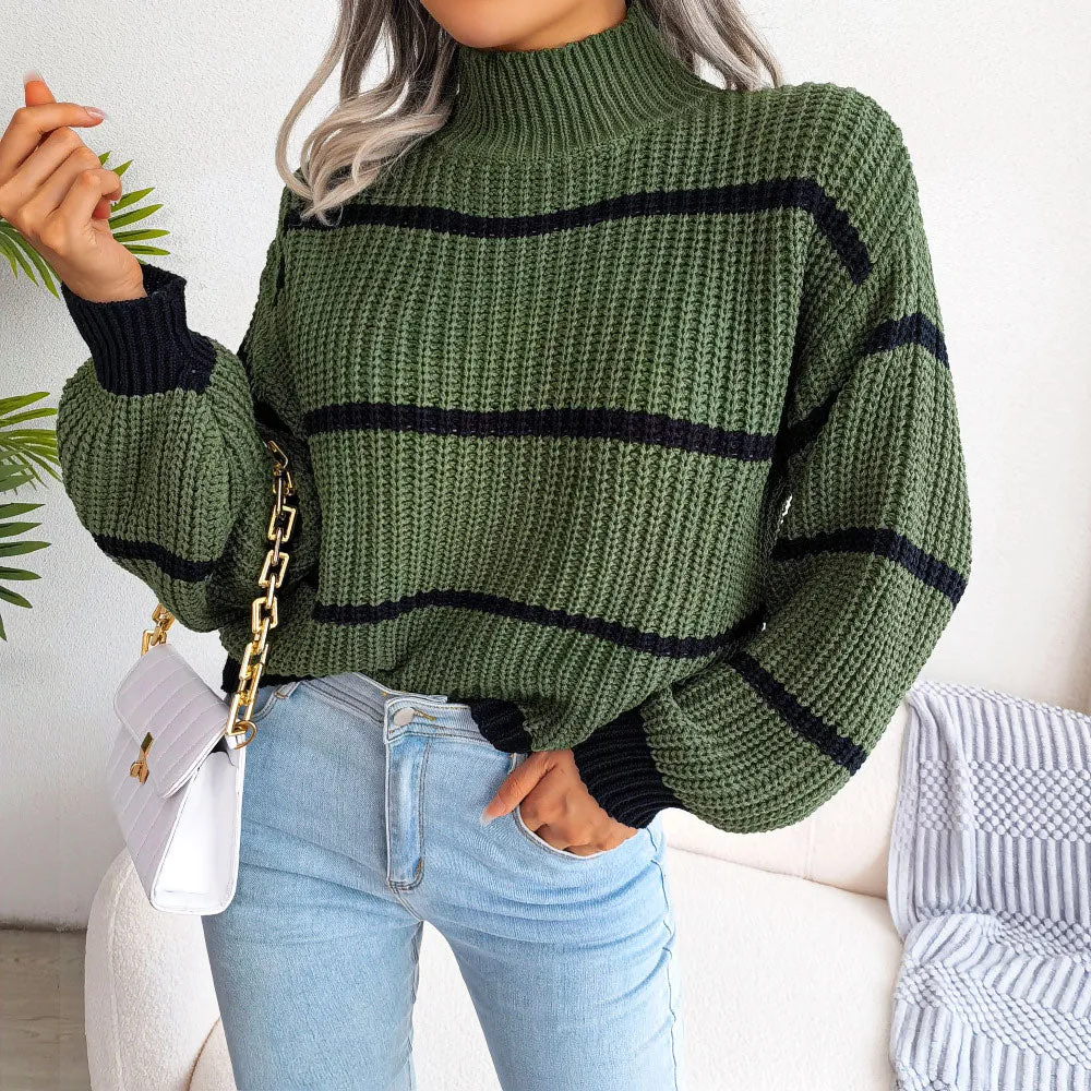 Trendy High Neck Balloon Sleeve Brioche Knit Striped Sweater