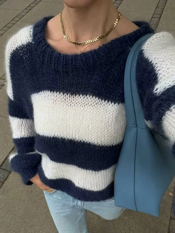 Trendy Navy & White Striped Knit Sweater Jumper