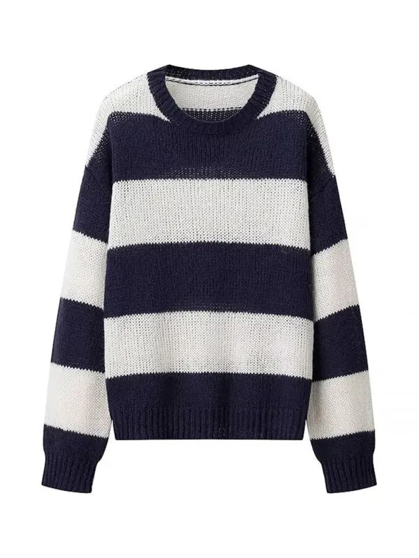 Trendy Navy & White Striped Knit Sweater Jumper