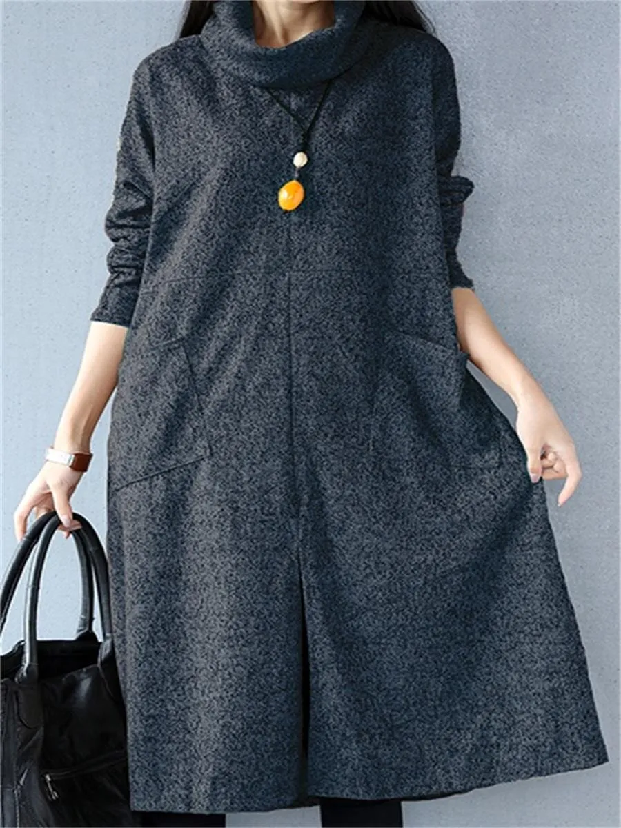 Warm High Neck Patch Pocket Women'S Knitted Dress