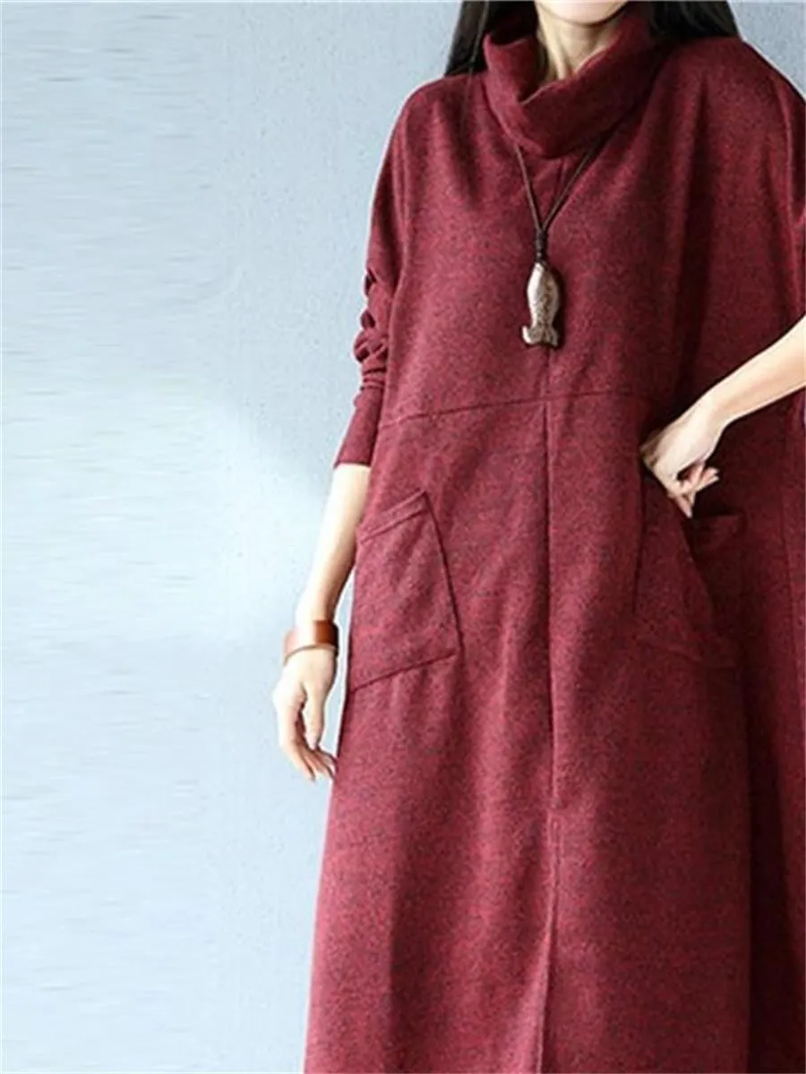 Warm High Neck Patch Pocket Women'S Knitted Dress