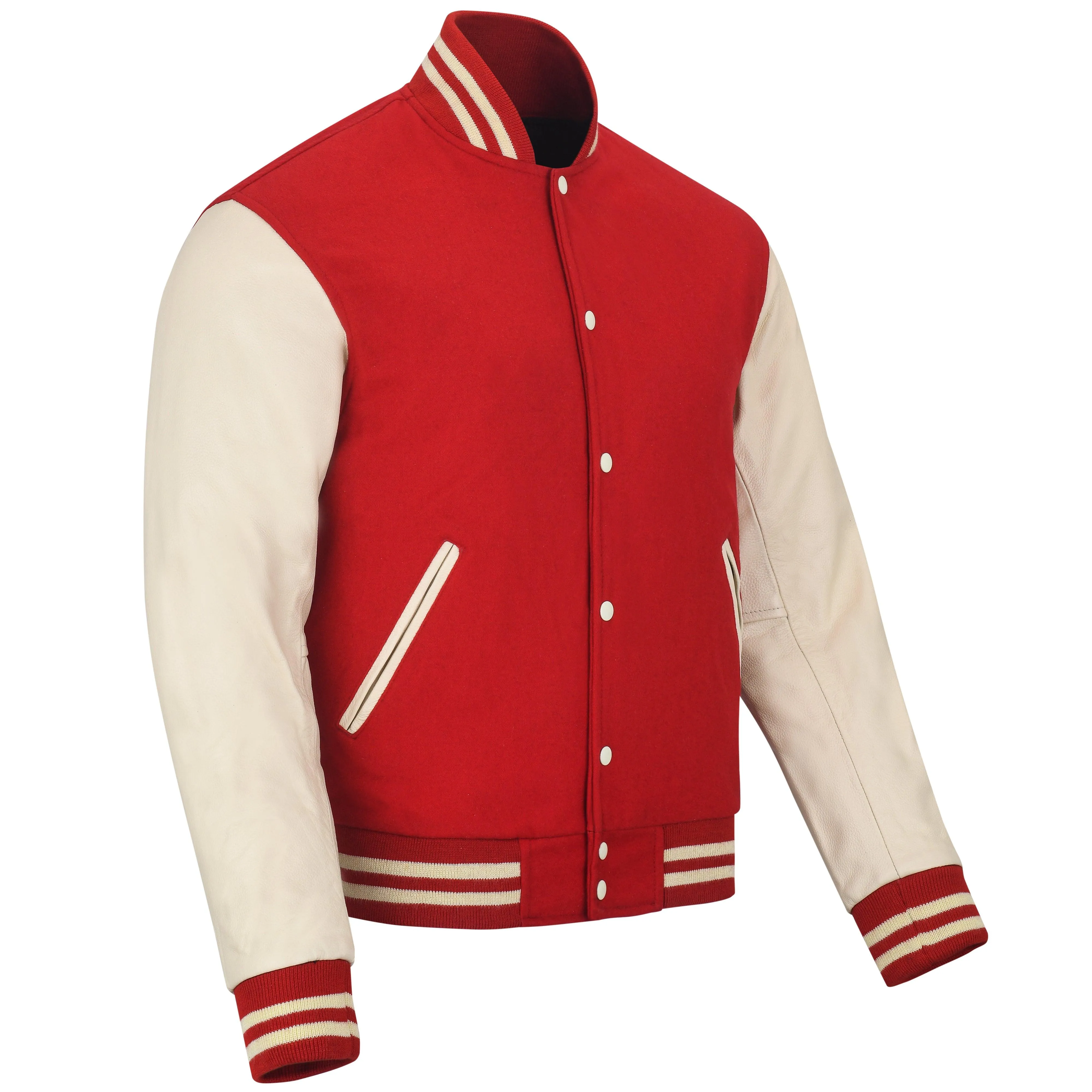 Warrior Gears Classic Hybrid Varsity Jacket University Letterman Bomber Jacket, Pure Wool & Original Cowhide Leather Jacket, Red Wool Body & Off White Leather Sleeves