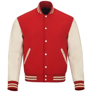 Warrior Gears Classic Hybrid Varsity Jacket University Letterman Bomber Jacket, Pure Wool & Original Cowhide Leather Jacket, Red Wool Body & Off White Leather Sleeves