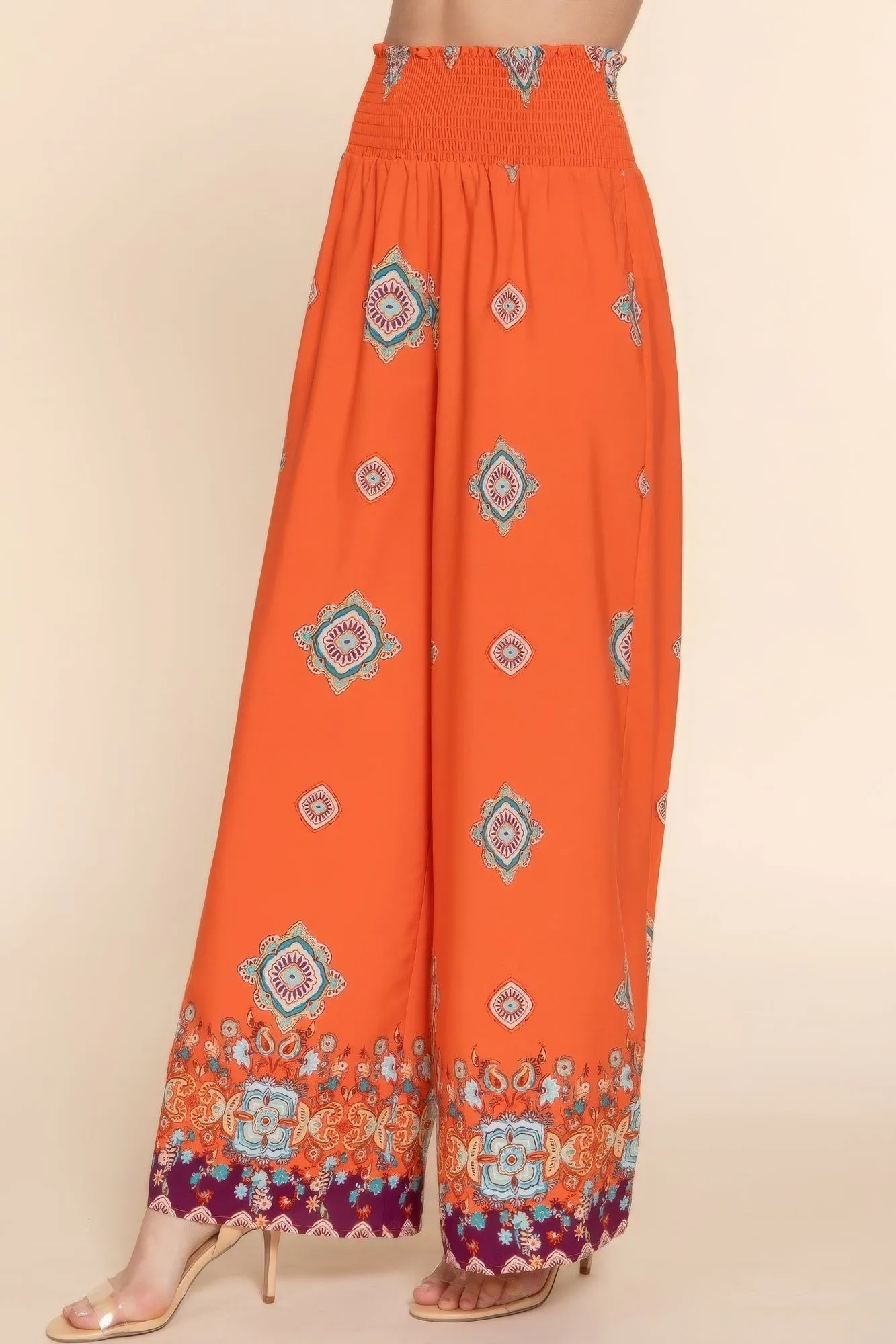 Wide Leg Border Print Woven Boho Pants