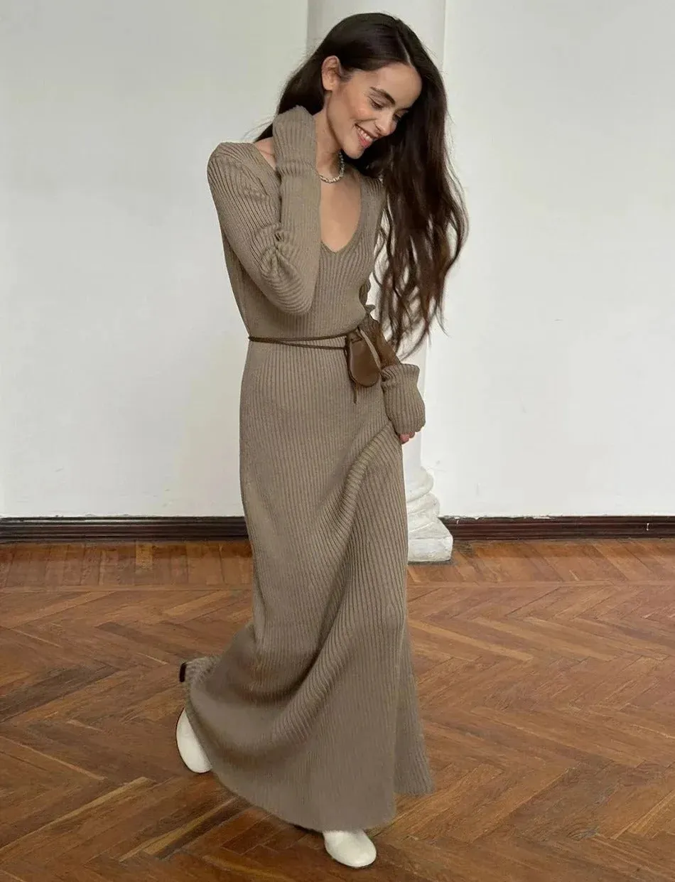 Winter Warm Women's Knitted Dress Elegant V Neck Thick A-line Dress Brown Long Sleeve Vintage Midi Casual Dresses for Women