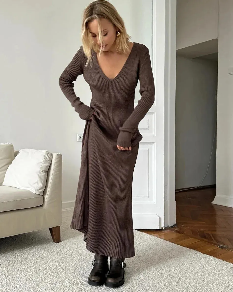 Winter Warm Women's Knitted Dress Elegant V Neck Thick A-line Dress Brown Long Sleeve Vintage Midi Casual Dresses for Women