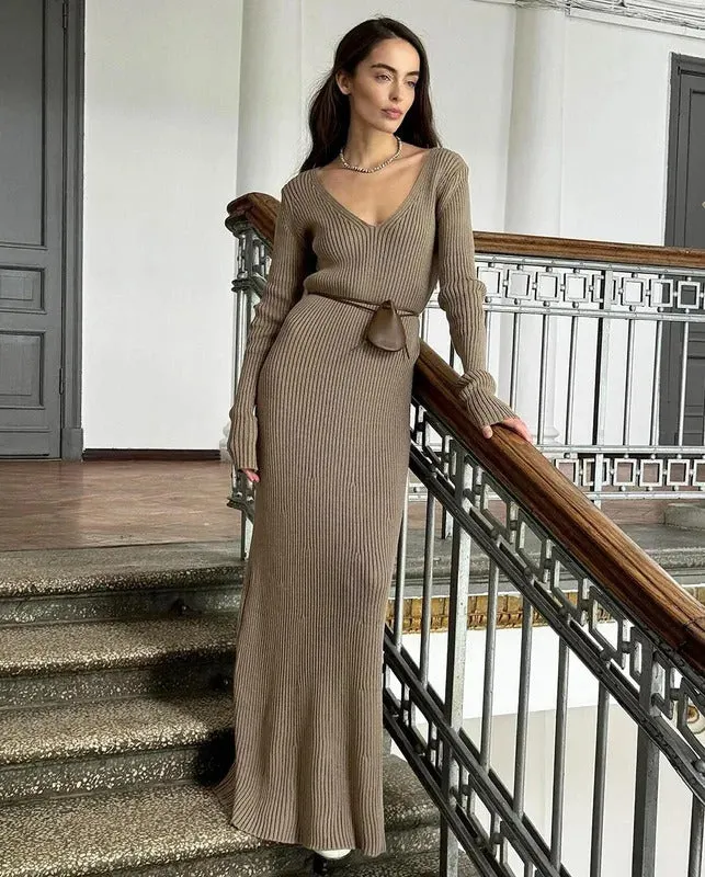 Winter Warm Women's Knitted Dress Elegant V Neck Thick A-line Dress Brown Long Sleeve Vintage Midi Casual Dresses for Women