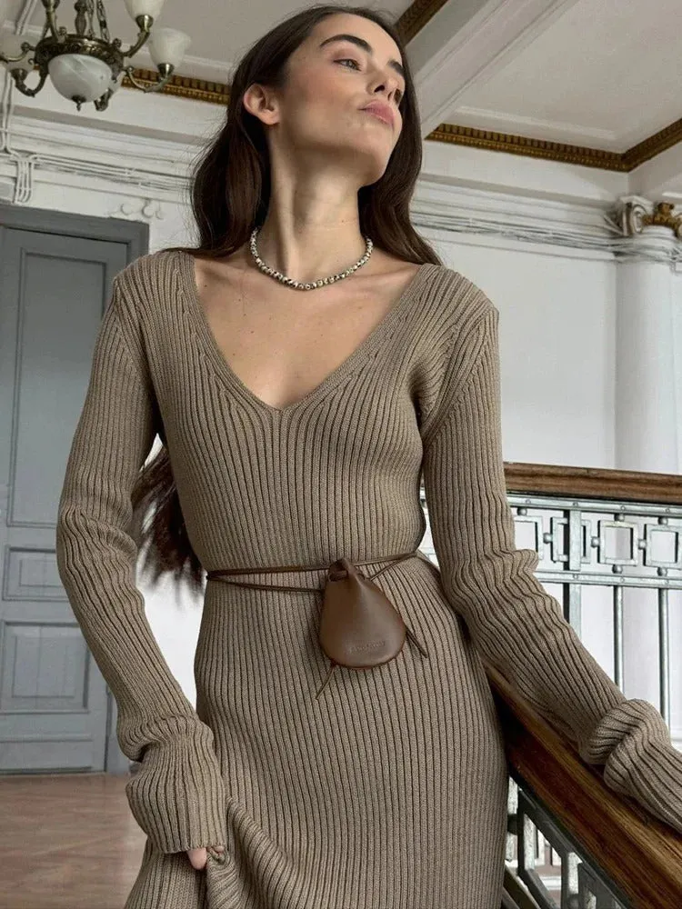 Winter Warm Women's Knitted Dress Elegant V Neck Thick A-line Dress Brown Long Sleeve Vintage Midi Casual Dresses for Women