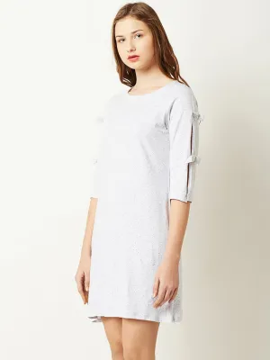 Women's Grey Round Neck Slit 3/4 Sleeve Solid Mini A-Line Dress