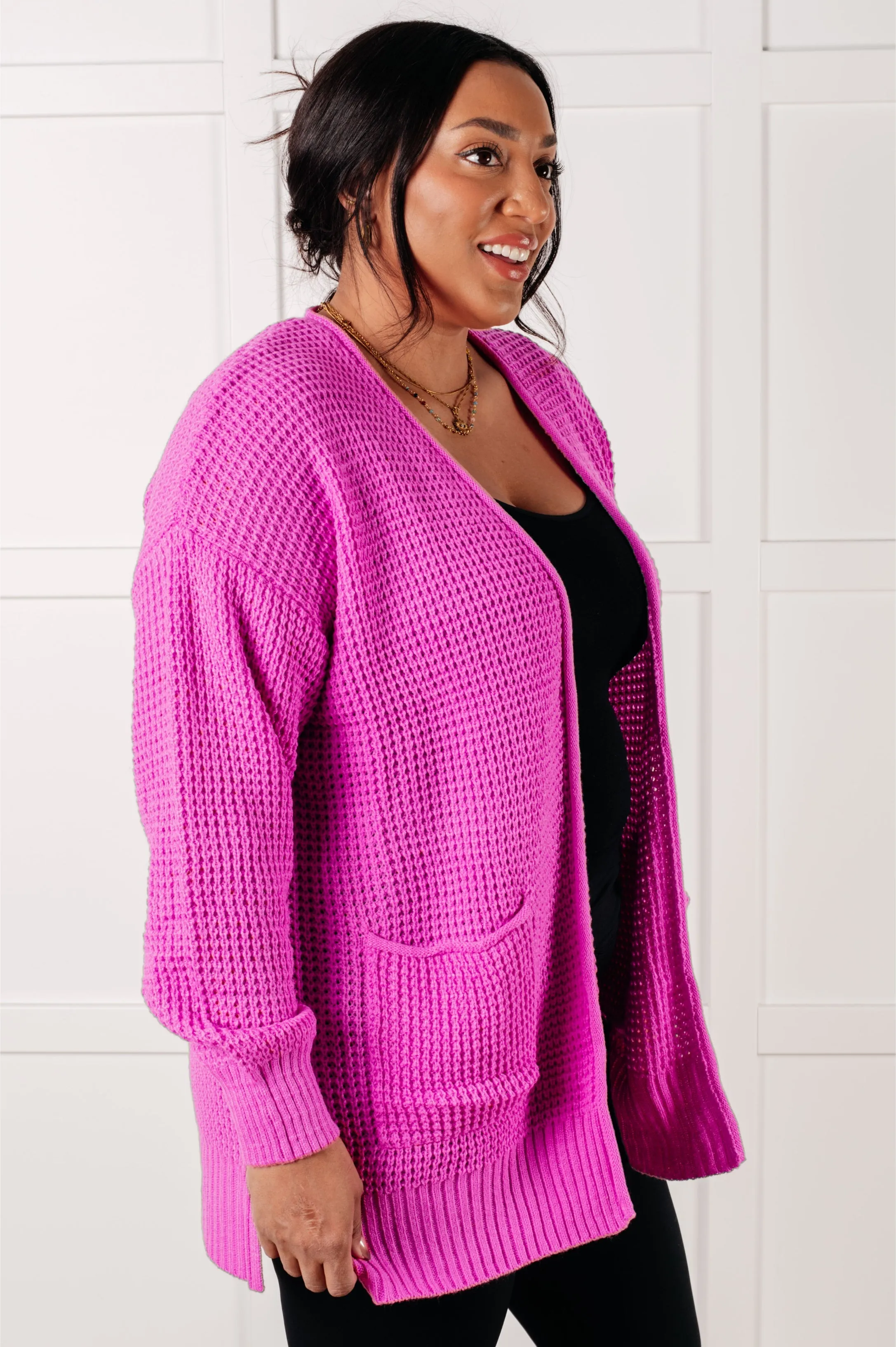 Zenana Everything Layer Waffle Knit Open Front Cardigan in Bright Mauve