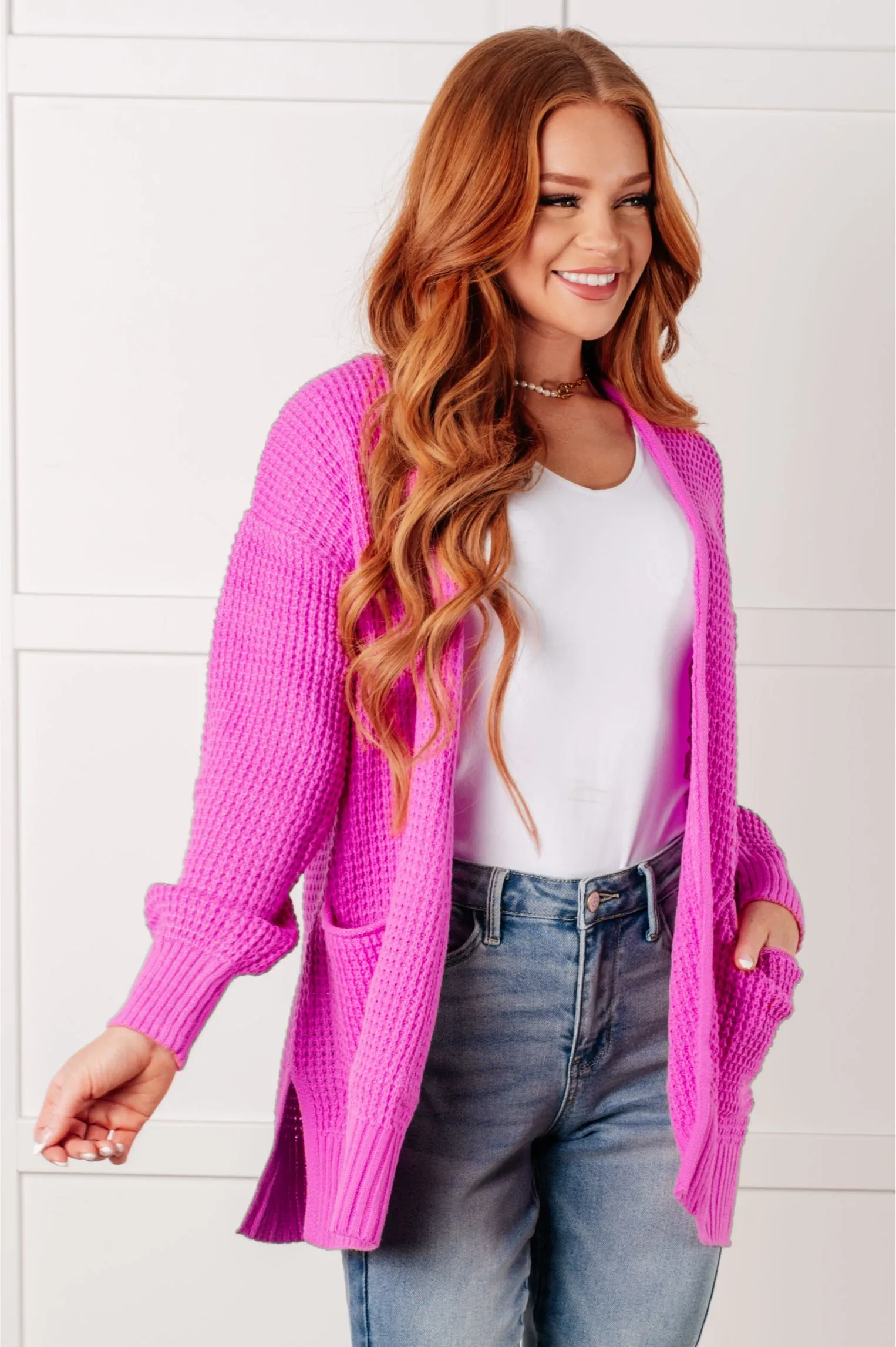 Zenana Everything Layer Waffle Knit Open Front Cardigan in Bright Mauve