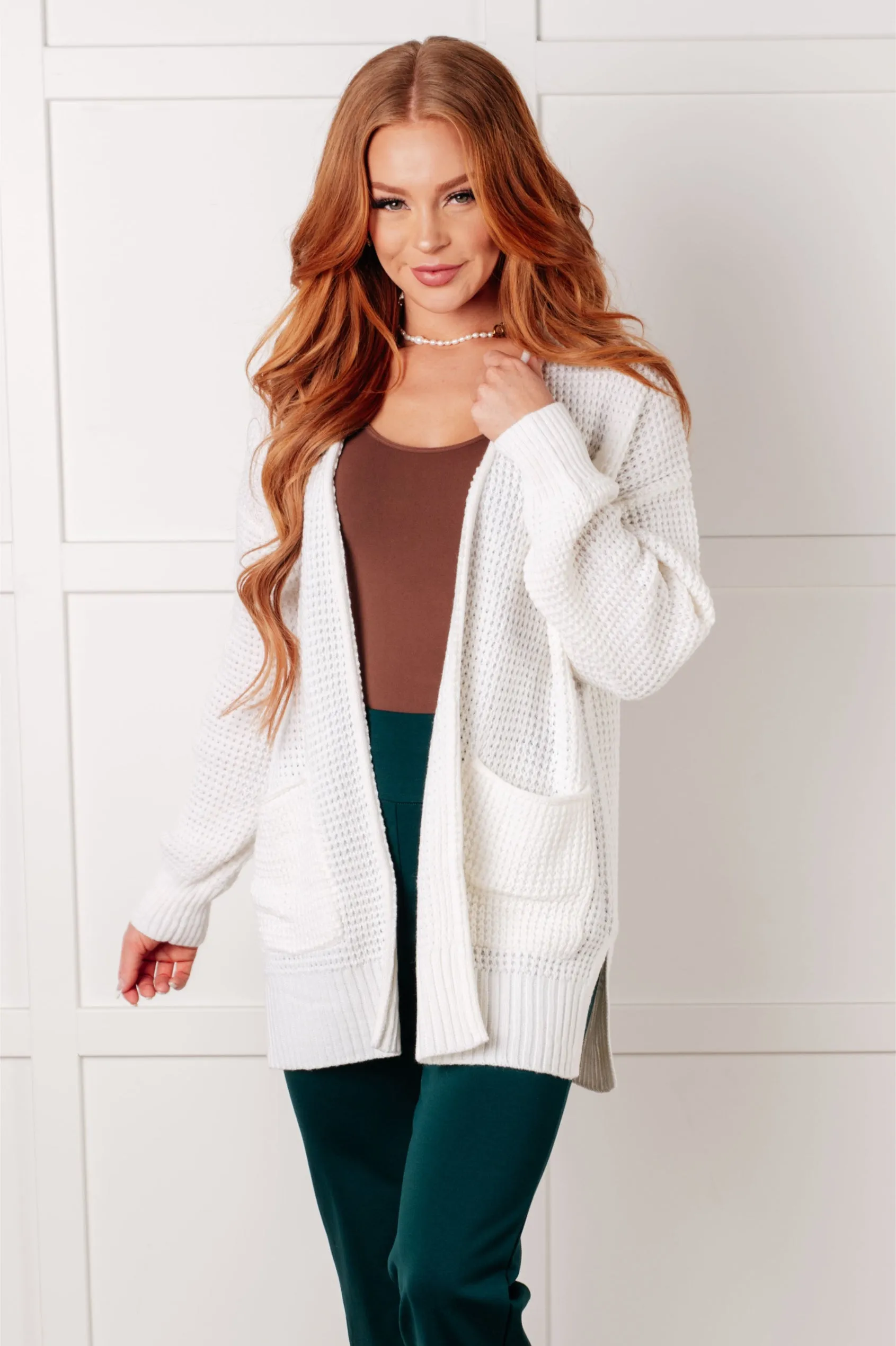 Zenana Everything Layer Waffle Knit Open Front Cardigan in Ivory