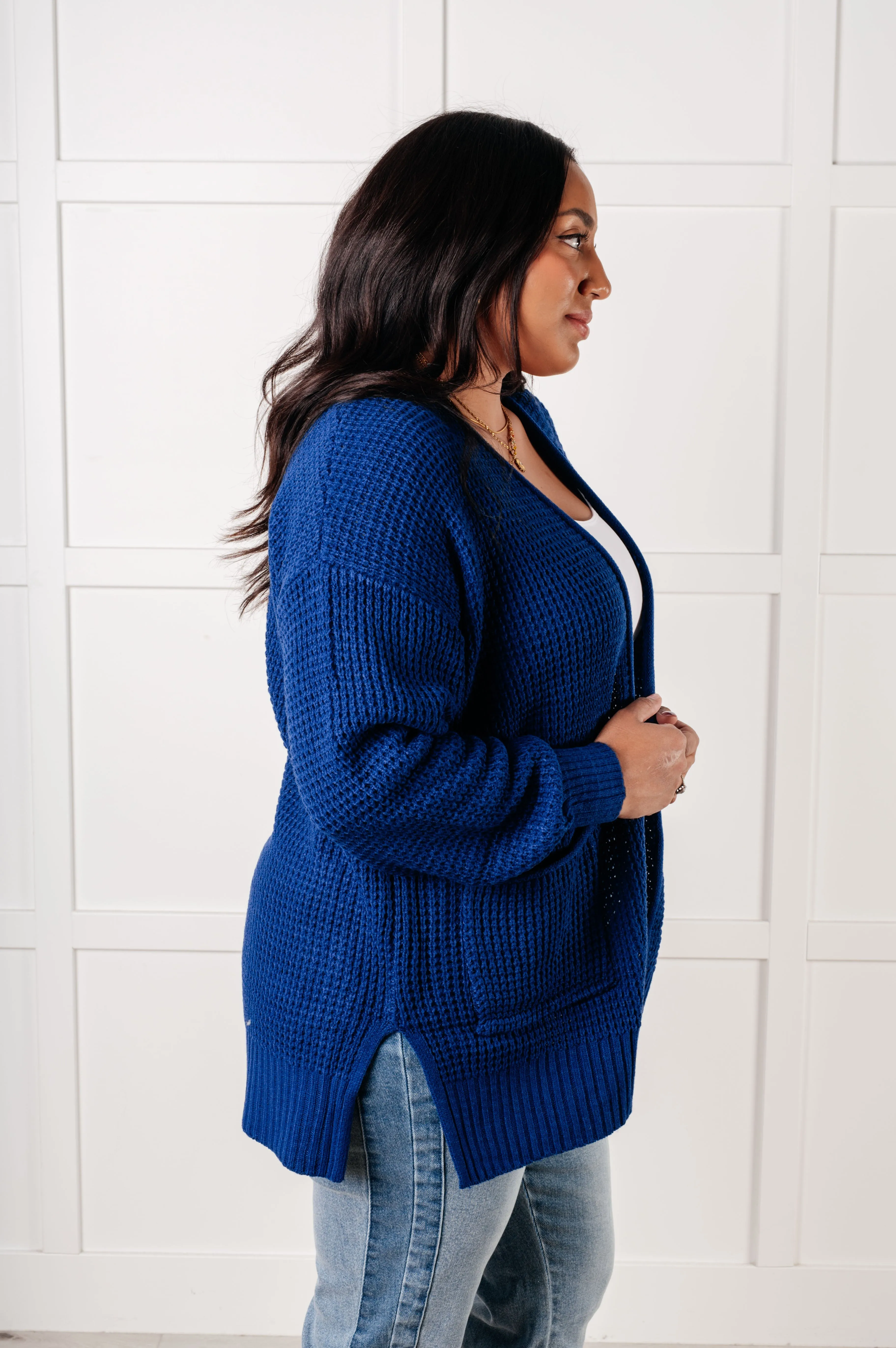 Zenana Everything Layer Waffle Knit Open Front Cardigan in Light Navy